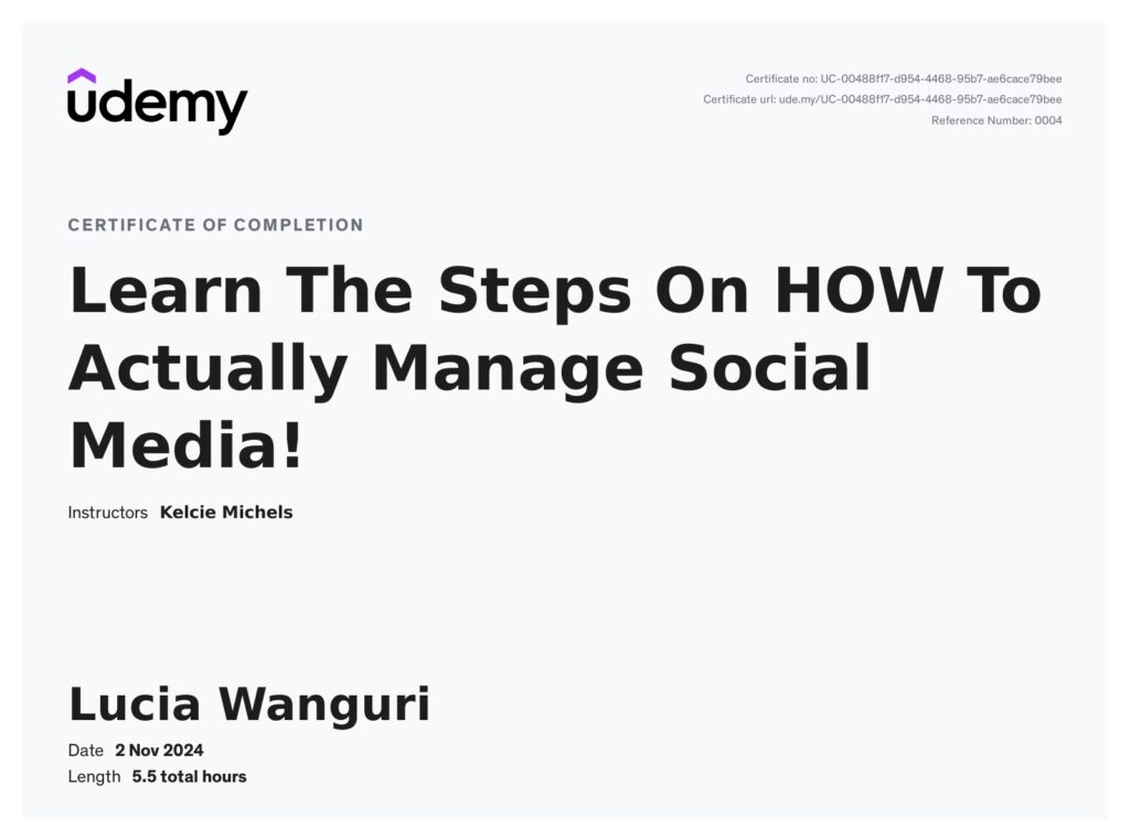 Udemy social media cource certificate